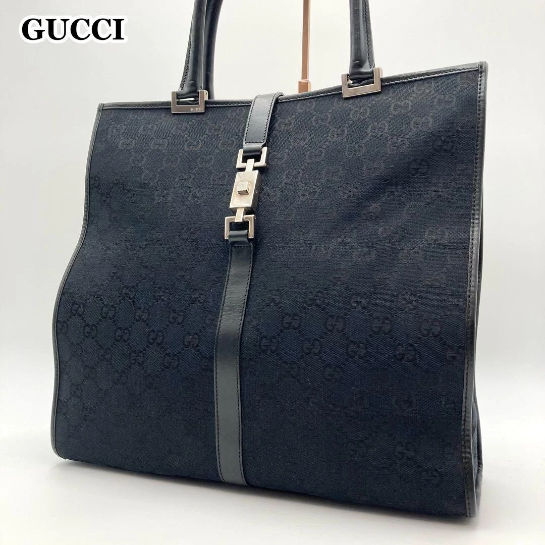 Gucci fourre tout Jackie Gg toile cuir véritable noir logo A4   sac à main créateur