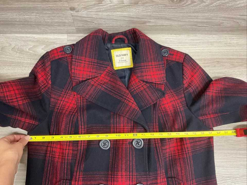 Antiguo abrigo azul marino a cuadros rojo azul marino mezcla de lana guisante para mujer talla XL Preppy Academia Foto 3 de 4