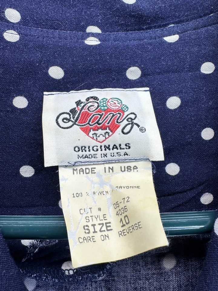 Vtg LANZ 80s Does 40s Secretary Midi Dress Blue White Polka Dots Sz 10 Made USA - Image 3 of 4