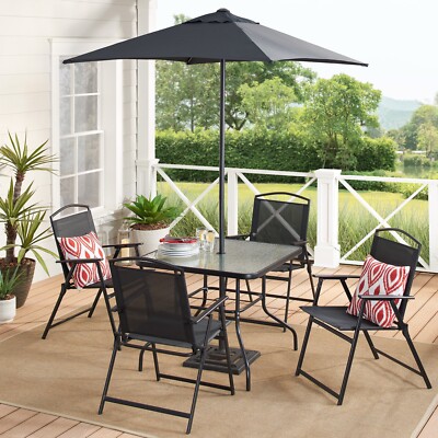 6pc patio set with umbrella Modern Outdoor Patio Dining Set 6pc Black With Umbrella, Summer Barbecue  Ready