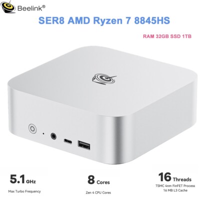 Beelink Mini PC Desktop Computers SER8 AMD Ryzen7 8845HS RAM 32GB SSD 1TB 5.1Ghz
