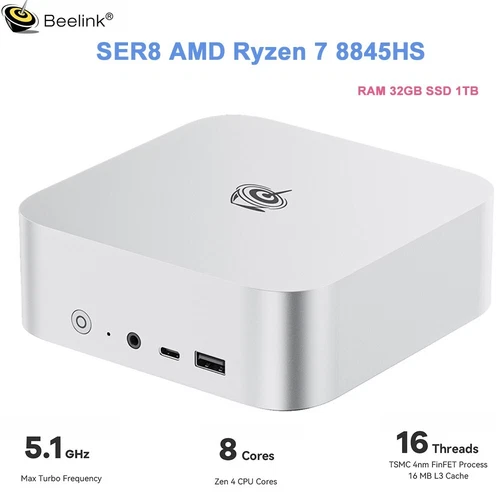 Beelink Mini PC Desktop Computers SER8 AMD Ryzen7 8845HS RAM 32GB SSD 1TB 5.1Ghz
