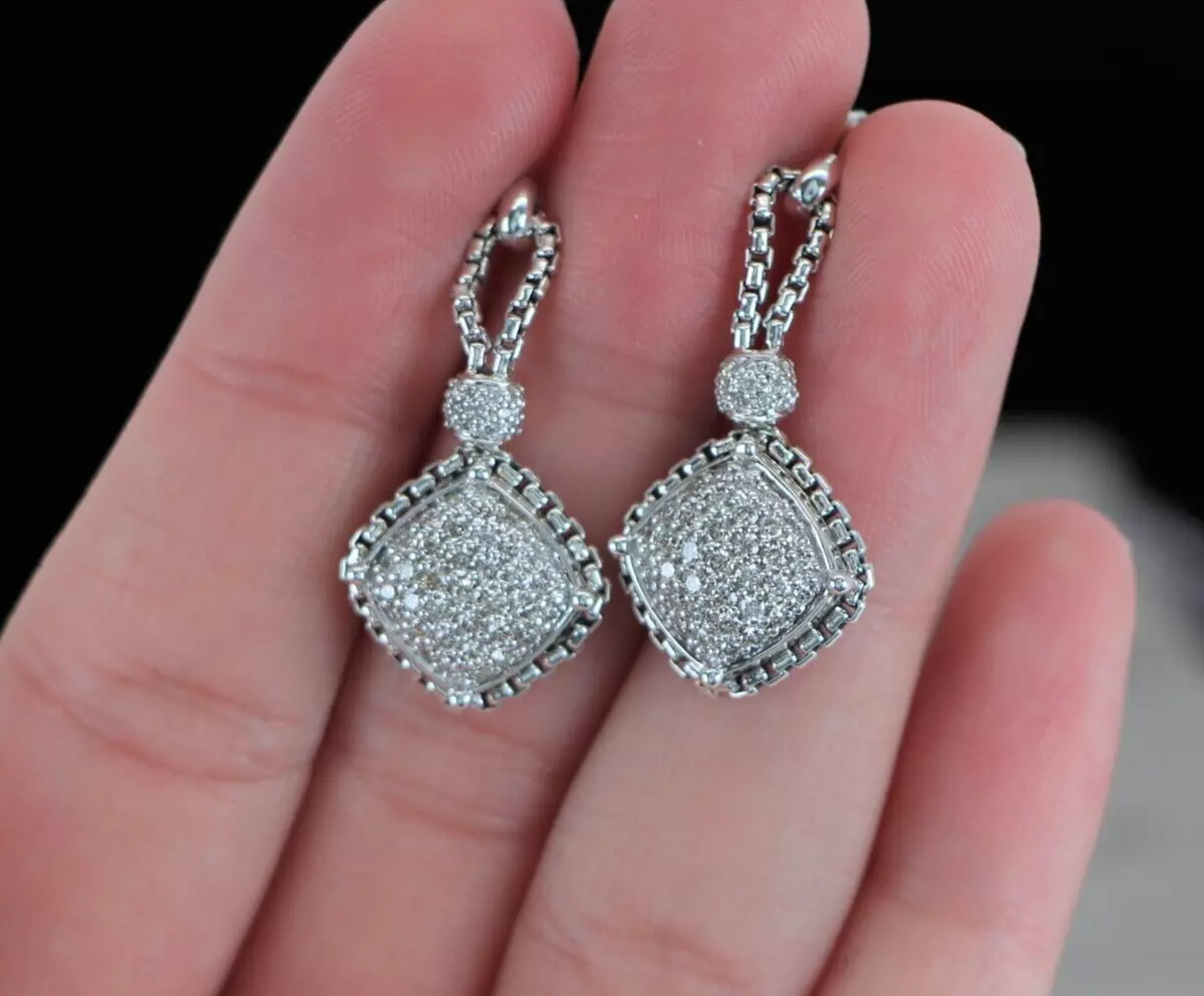 David Yurman Sterling Silver Pave Set Diamond Cushion Cable Dangle Drop Earrings