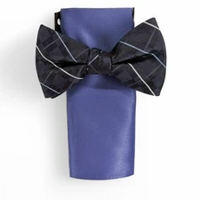 Alfani Men's Canfield Grid Bow Tie & Solid Pocket Square Set Blue NWT $55