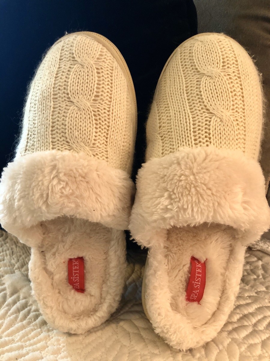 Cream Colored Spa Sister Cable Knit/Faux Fur/Mule Slippers/Sz M-L