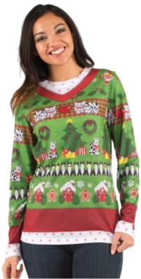 Faux Real Ugly Christmas Sweater Ladies Xmas Cats Holiday Shirt Costume F113254
