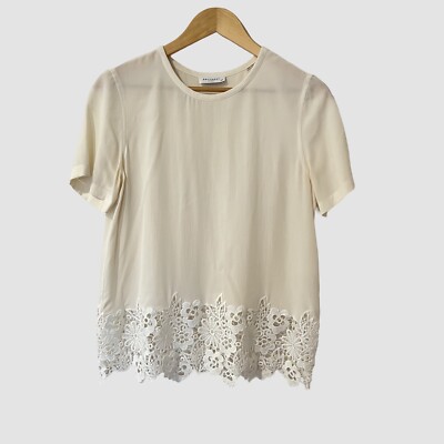 Equipment Ivory Silk Short Sleeve Embroidered Blouse S