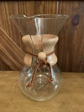 Vtg. Chemex Pour Over Coffee Carafe Tall Wood Grip Leather Strap NICE!