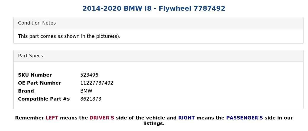 BMW i8 2014-2020 Flywheel