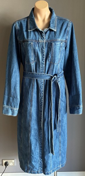 AERE Blue Denim Midi Shirt Dress Size 18 Long Sleeves Press Studs Tie @ Waist