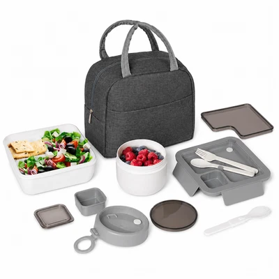 Borsa Thermique Grise Bleue Pour Déjeuner Avec Lunch Box Set Complet Pour Bureau - Photo 1/4