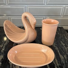 Vintage MCM Ceramic Swan Hand Towel Holder Tumbler  Soap Dish Bathroom Peach