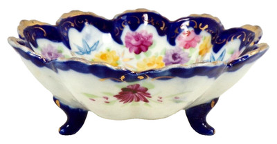 Japan Porcelain Nut Bowl Hand Painted Flowers Bluebirds Gold Edge Vintage