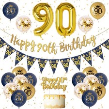 90th Birthday Party Decorations Navy Blue and Gold Banner with Latex and Confett