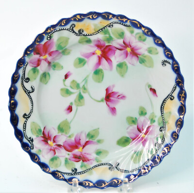 ANTIQUE FLOW BLUE GAUDY FLORAL SALAD BREAD PLATE BEADED RIBBON 7-1/8''