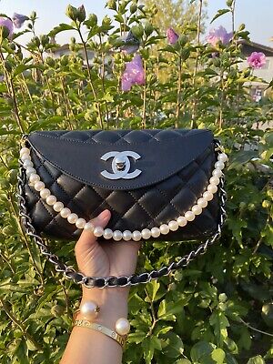 Auth Chanel Lambskin Silver Hardware Classic Flap Shoulder Quilted Leather  Purse 
