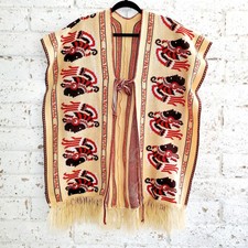 Vtg 1970s Mexican Aztec Knit Poncho Cuauhtémoc Boho Novelty Fringe Vest Indie Os