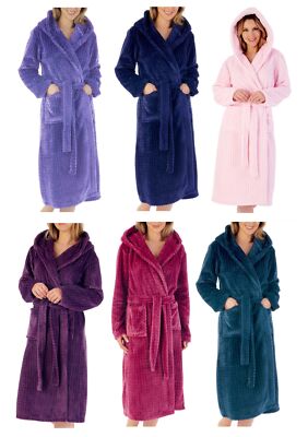 Slenderella Ladies Hooded Bath Robe Zig Zag Soft Fleece Collar Dressing Gown