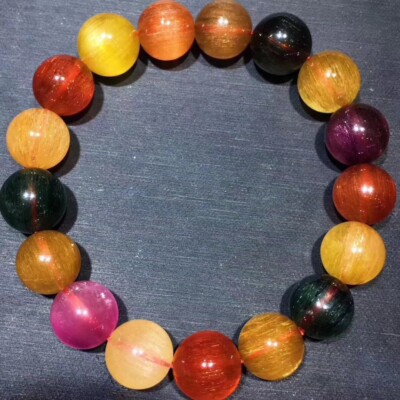 12.2mm Natural Colorful Copper Rutilated Quartz Crystal Round Bead Bracelet AAAA