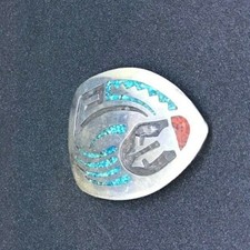 VTG ZUNI Sterling Silver Turquoise  Coral Chip Inlaid Belt Buckle..Beautiful 