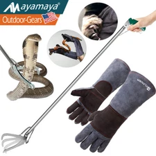 47” Snake Tongs Grabber Catcher & 16in Animal Handling Gloves Leather Bite Proof