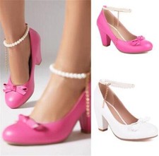 Womens Block Heels Pearl Chain Ankle Strap Shoes Dress Party Office Casual Pumps