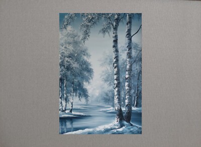 Large vertical snowy winter in birch forest oil painting. Canvas wall artwork