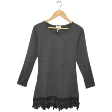 New Match Stick Lace Bottom Long Sleeve Holiday Mini Dress Charcoal Gray XS