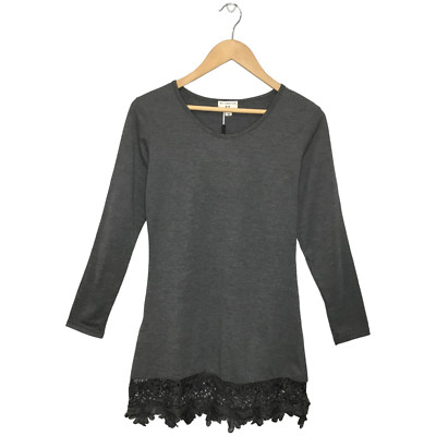 New Match Stick Lace Bottom Long Sleeve Holiday Mini Dress Charcoal Gray XS