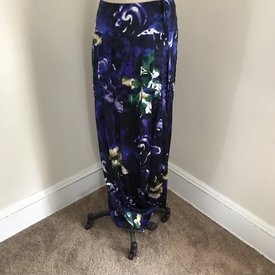 Maxi Falda Tuleh Floral Larga Plisada Recta Púrpura Azul Verde 100% Seda 4 Foto 4 de 4