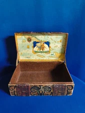 Antique Dome Top Paper Doll Trunk Treasure Chest w/ Metal Handles Caribbean Map