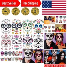Vibrant Sugar Skull Face Tattoos - Complete 20 Sheets for Day of the Dead Fun