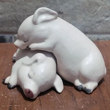 Vintage Ceramic Pig Salt and Pepper Shakers Two Pink Pigs Snuggling Nesting Toge