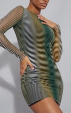 PRETTY LITTLE THING GREEN ABSTRACT PRINT LONG SLEEVE MESH DRESS