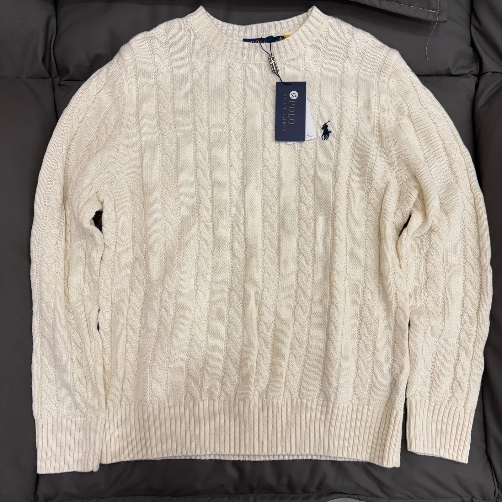 Polo Ralph Lauren Cable Knit Crew Neck Pullover, White & Beige, Unisex, Size XL