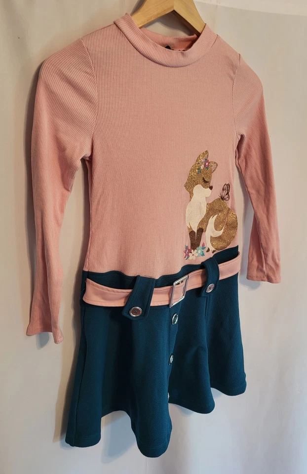 Girls Sz L Pink Turtleneck Dress Belted Glitter Fox 10/12 ☆Holiday Dress☆  - Image 3 of 4