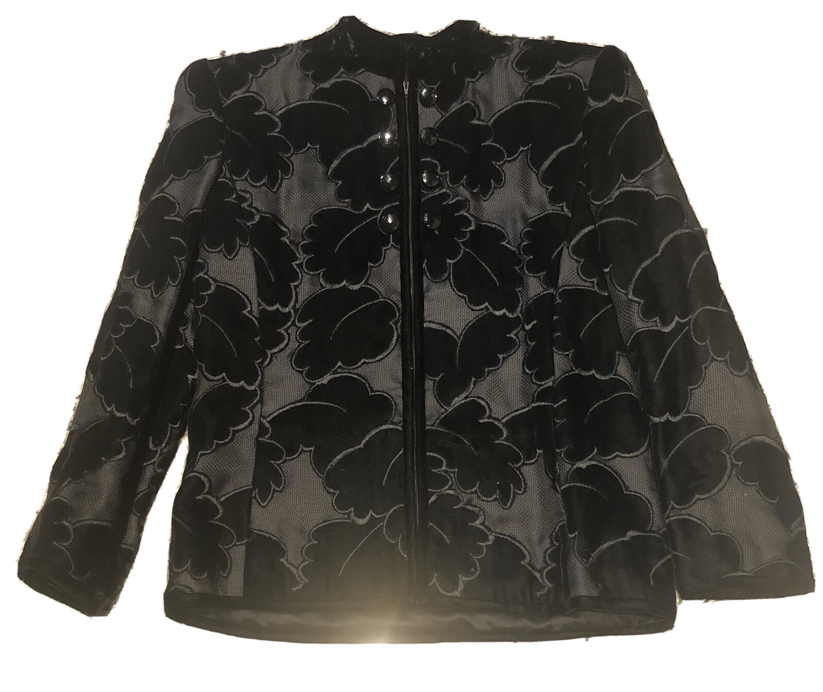 Vintage VALENTINO Night Black Velvet Leaf Pattern Mandarin Collar