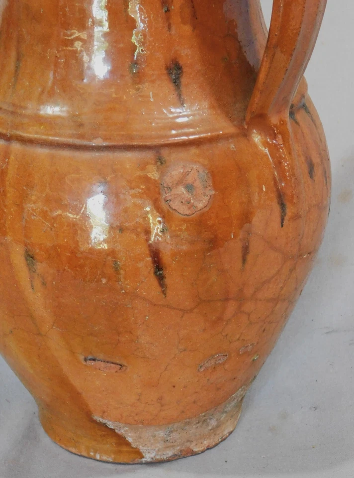 Rare antique redware pitcher manganese drip ear handles early 19th c VA  PA - Image 3 of 4