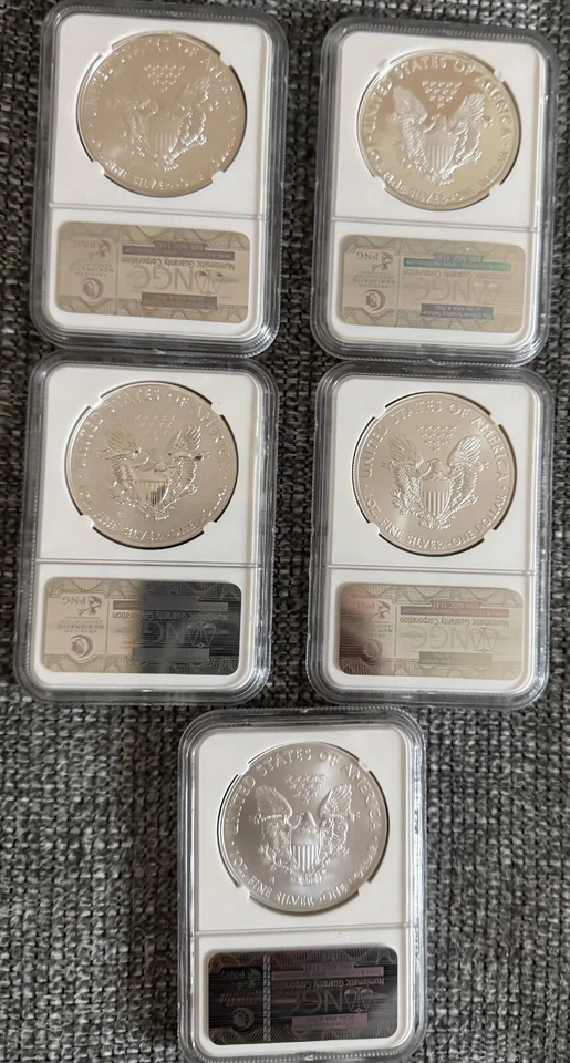 2011 25TH ANNIVERSARY SILVER EAGLE 5 COIN MIXED SET 2-MS 69 2-PF  69  1-MS70 - Image 2 of 3