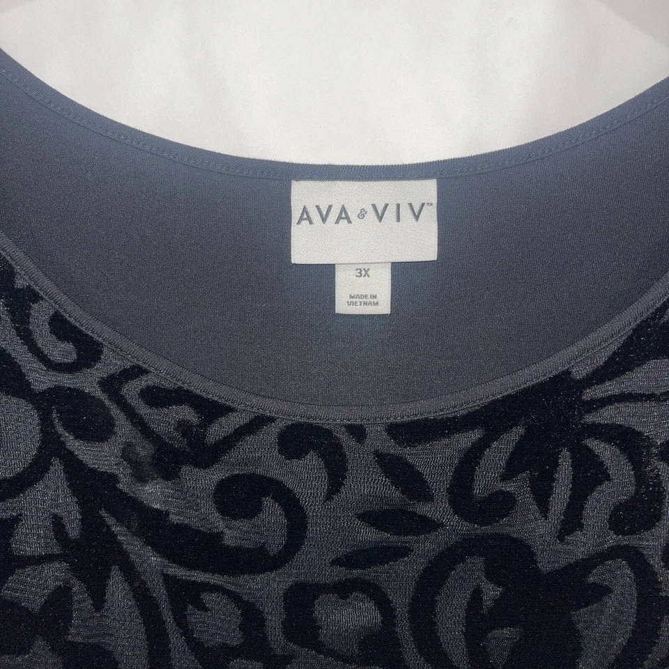 Blusa Ava & Viv Plus 3X Negra Terciopelo Top Burnout Cuello Redondo Camiseta Evento Cómoda Foto 4 de 4