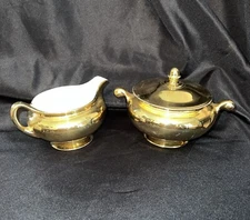 Homer Laughlin Georgian Eggshell Sugar Bowl & Creamer-22k Gold-USA VINTAGE