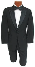 Men's Black Tuxedo with Flat Front Pants Satin Peak Lapels High Quality Wool