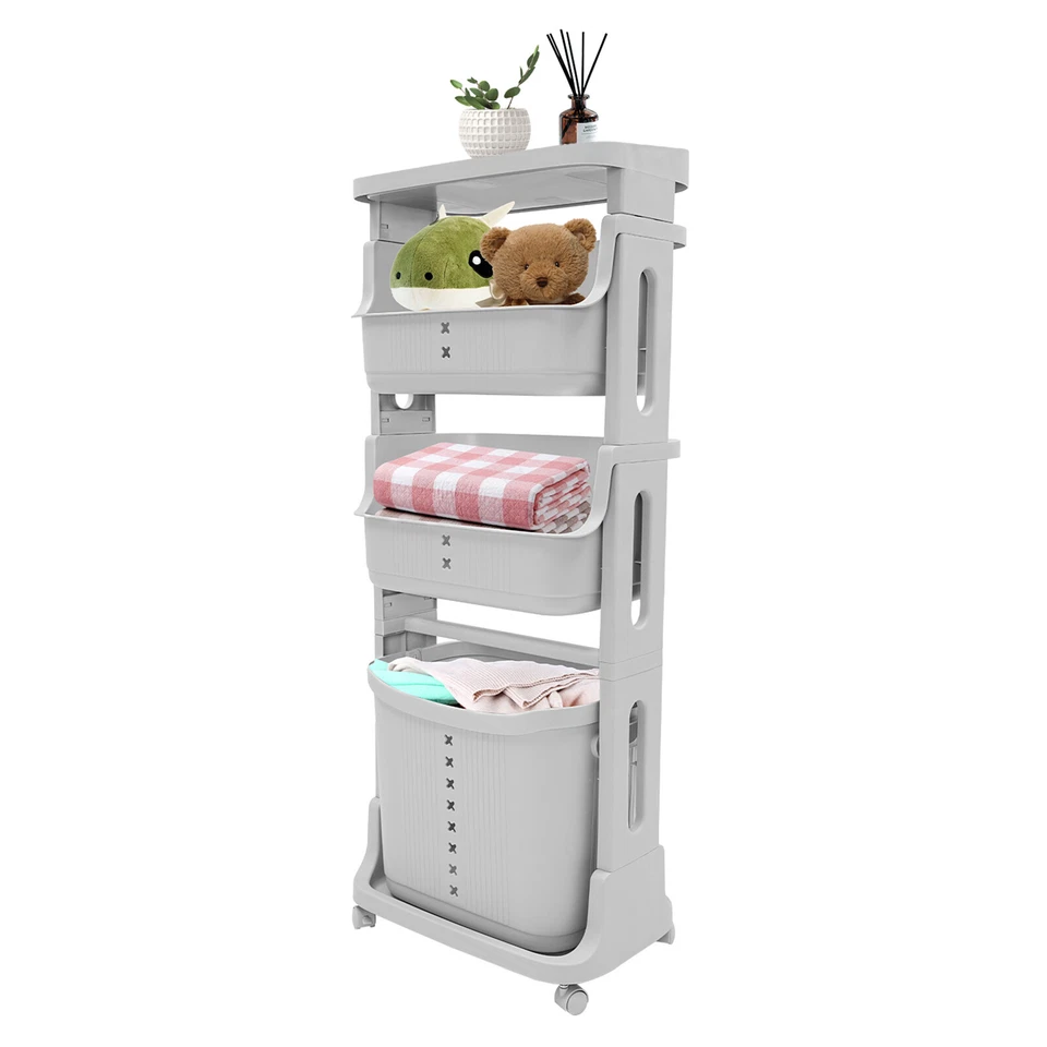 Plastic Laundry Hamper Basket Clothes Storage Organizer Shelf Rolling Cart - Image 3 of 4