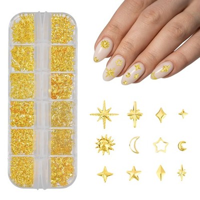 3D Star Nail Charms, Sun Moon Stars Metal Nail Charms for Nails Art Design, 12 S