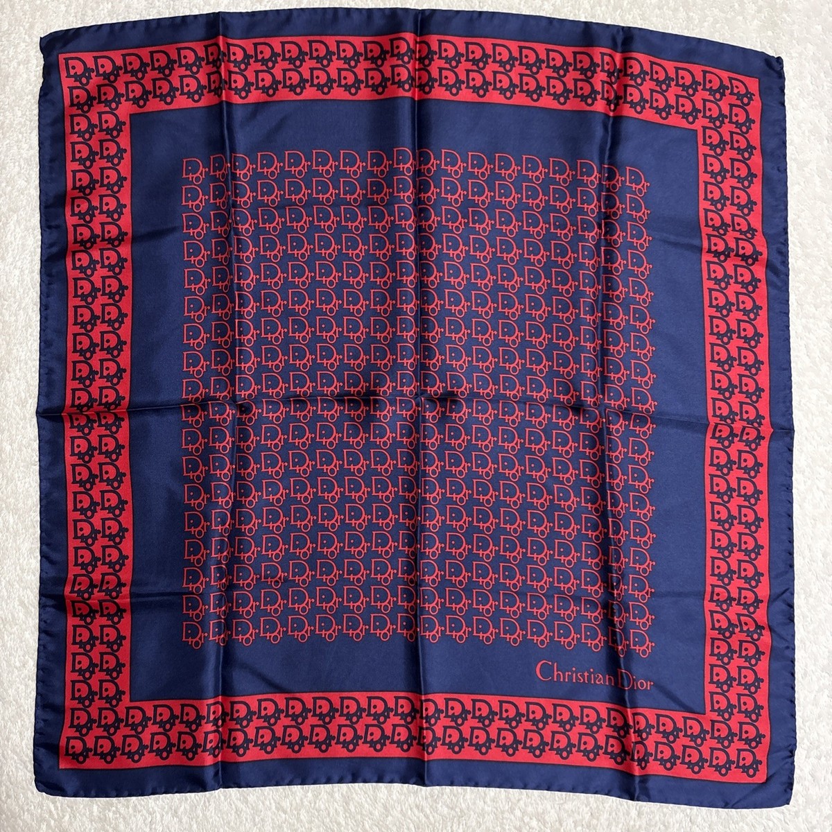 Christian Dior Silk Scarf 26in Navy Red Trotter Monogram Logo