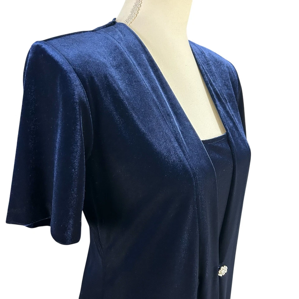 Vestido de Terciopelo Rhapsody Talla 6 Azul Adjunto Imitación Chaqueta Cierre Frontal Estrás Foto 2 de 4