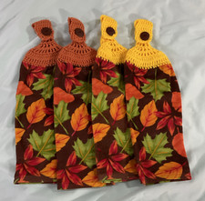 Set of 4 Cotton Hanging Kitchen Tea Towels Crocheted Tops, Fall Leaf Floral