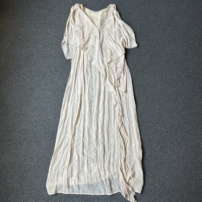 Lisa Ho Silk Maxi Dress Cream Ruffle Overlay V Neck AU 8 US 4 EU 36 *SEE MARKS*
