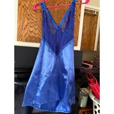 Vintage Blue Satin and Lace Chemise Nightgown Cross Back Lingerie Slip Dress