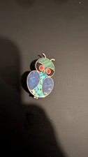 Vintage srebrna szpilka sowa / wisiorek - turkus, lapis i koralowa wkładka - sztuka